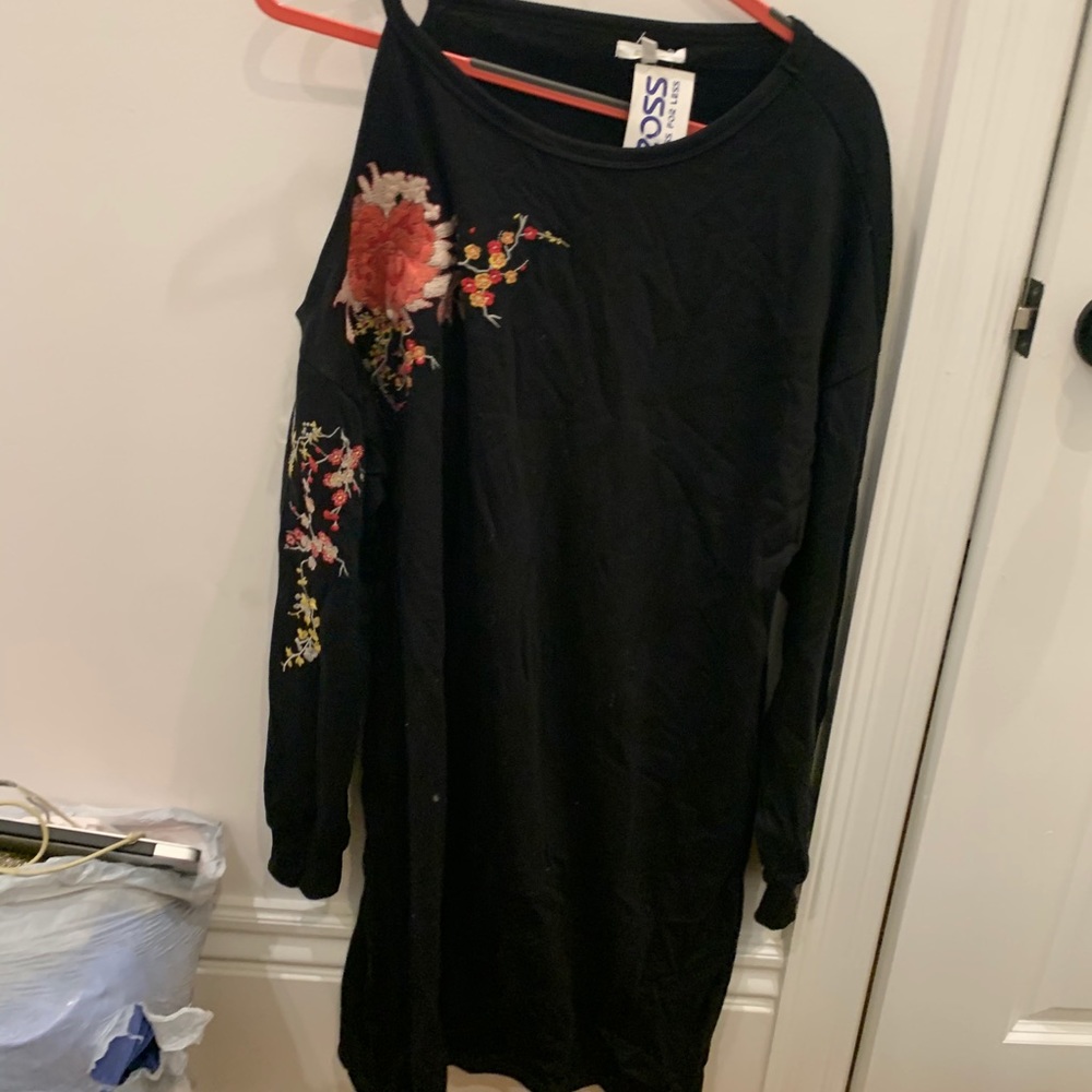 Sweater dress with exposed shoulder